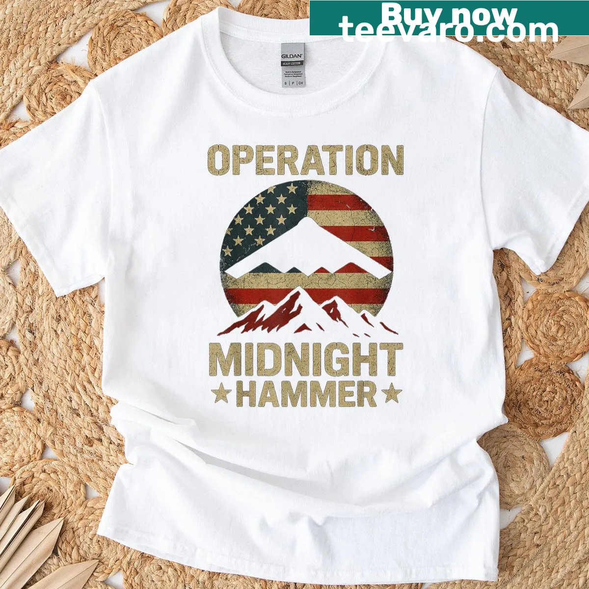 Graphic T-shirt with 'Operation Midnight Hammer' and USA flag — on a men's t-shirt