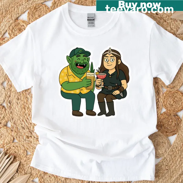 Cartoon T-shirt featuring an orc and princess with cocktails