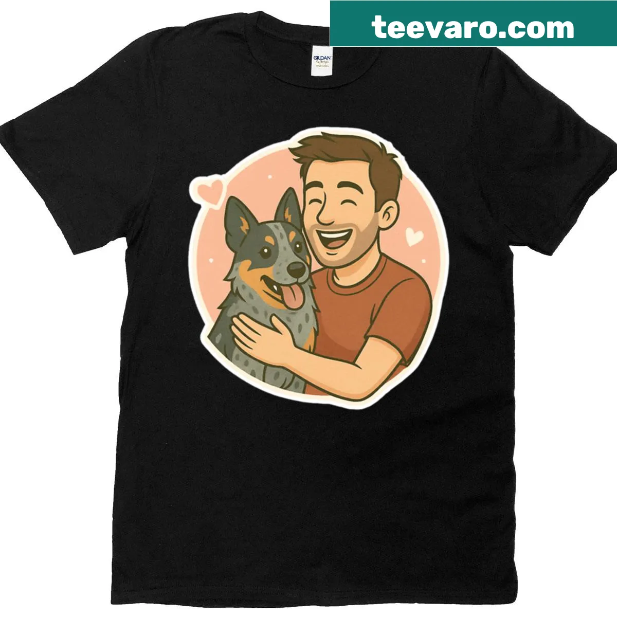 Cartoon design of an Australian Cattle Dog on a playful T-shirt — on a men's t-shirt