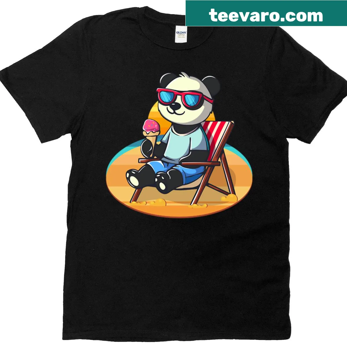 Cute panda illustration eating ice cream on the beach T-shirt — on a men's t-shirt