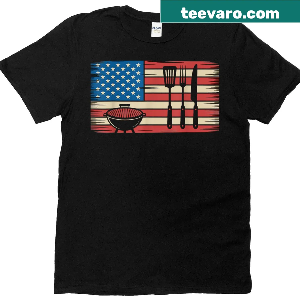 Patriotic t-shirt with USA flag and grilling theme for BBQs — on a men's t-shirt