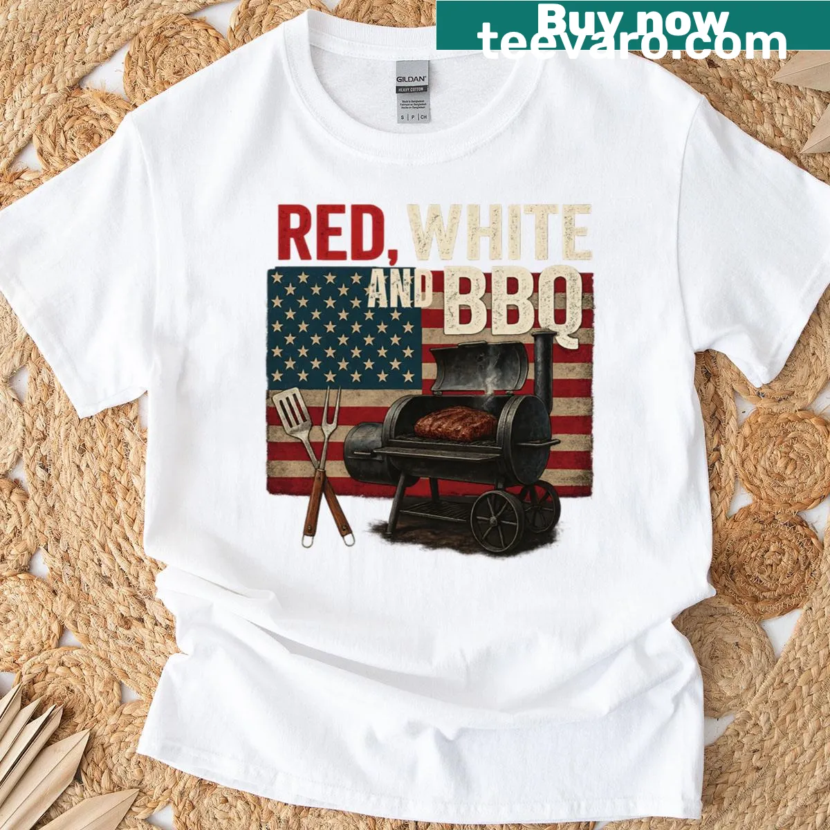 Fourth of July themed BBQ grill masters typography t-shirt — on a men's t-shirt