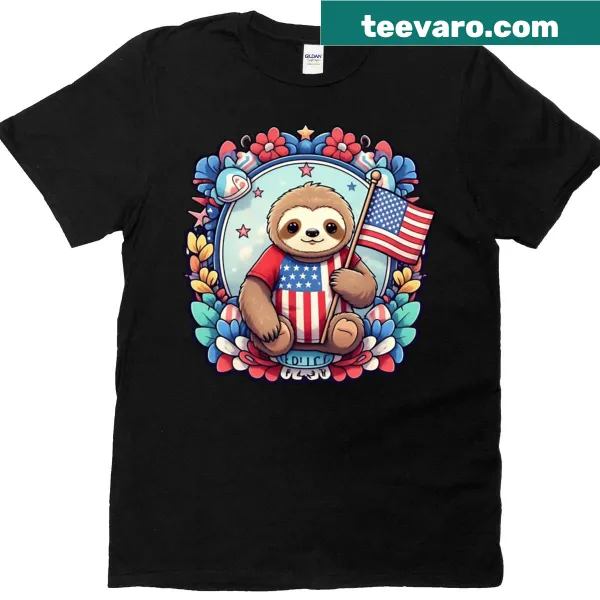 Playful T-shirt with a sloth and American flag illustration