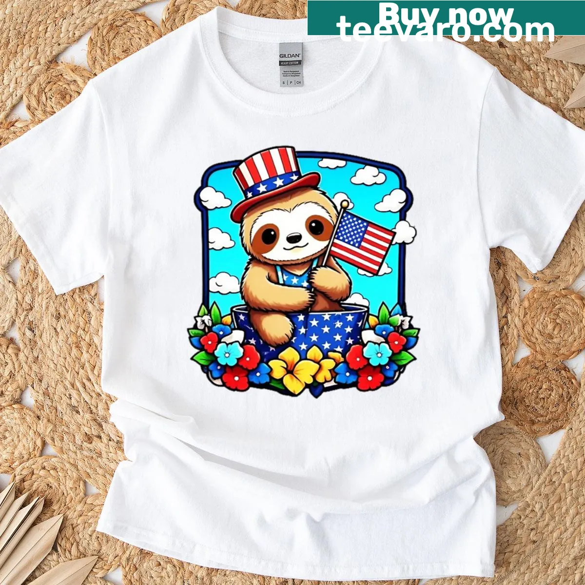 Patriotic sloth holding the American flag t-shirt — on a men's t-shirt