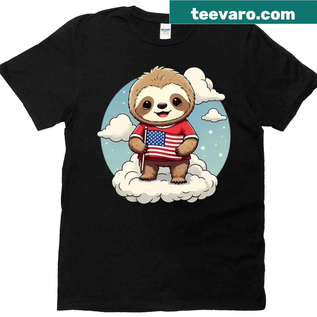 Oversized T-shirt with a sloth holding the American flag — on a men's t-shirt