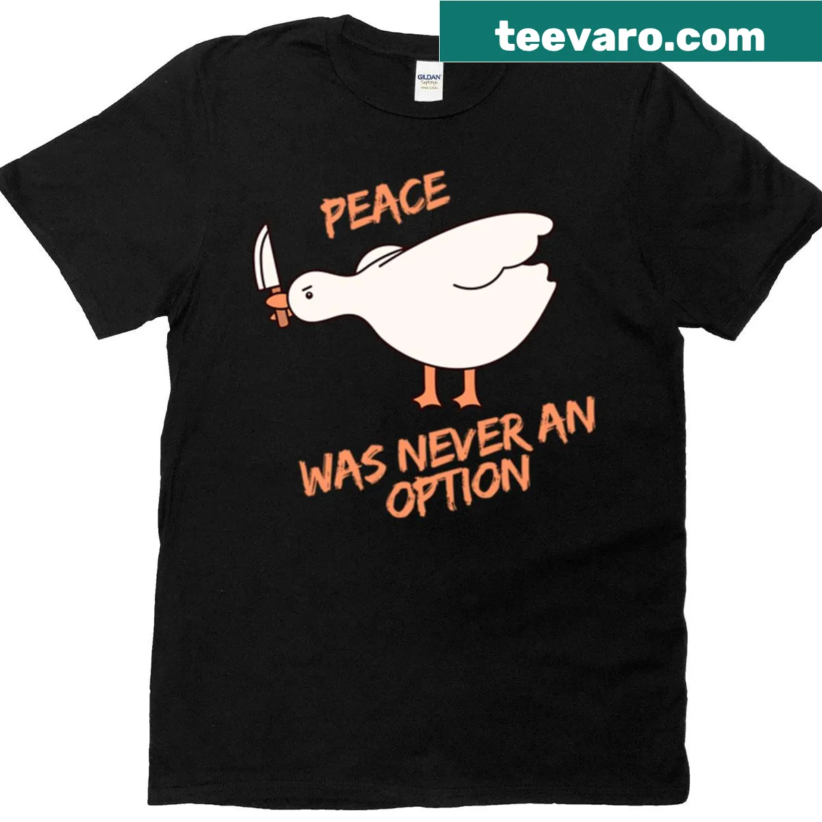 Text graphic on oversized T-shirt stating 'Peace Was Never An Option' — on a men's t-shirt