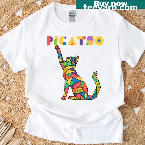 T-shirt featuring a cubist cat design with the pun 'Picatso'
