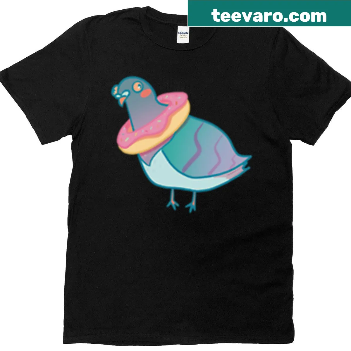 Funny T-shirt featuring a cartoon pigeon with a donut — on a men's t-shirt