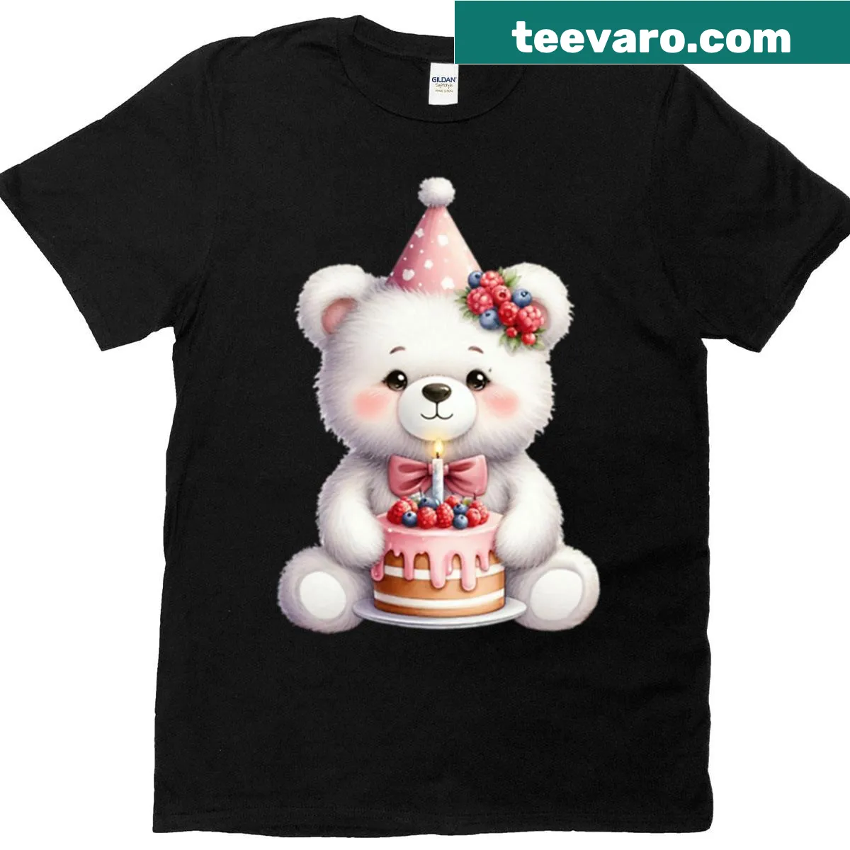 Illustration of a polar bear with a birthday cake on an oversized tee — on a men's t-shirt