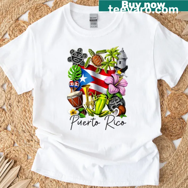 T-shirt featuring a floral frog and Puerto Rico flag illustration