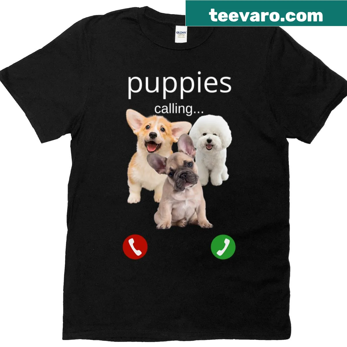 Cute dog t-shirt depicting puppies on a phone call — on a men's t-shirt
