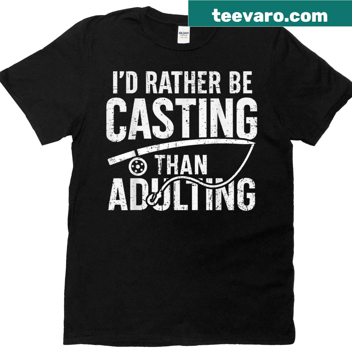 Funny fishing T-shirt with 'Rather Be Casting Than Adulting' text — on a men's t-shirt