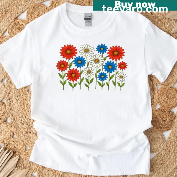 Botanical t-shirt with red, white, and blue daisy design for Independence Day