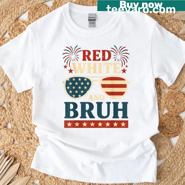 Funny 4th of July t-shirt with 'Bruh' text and patriotic design