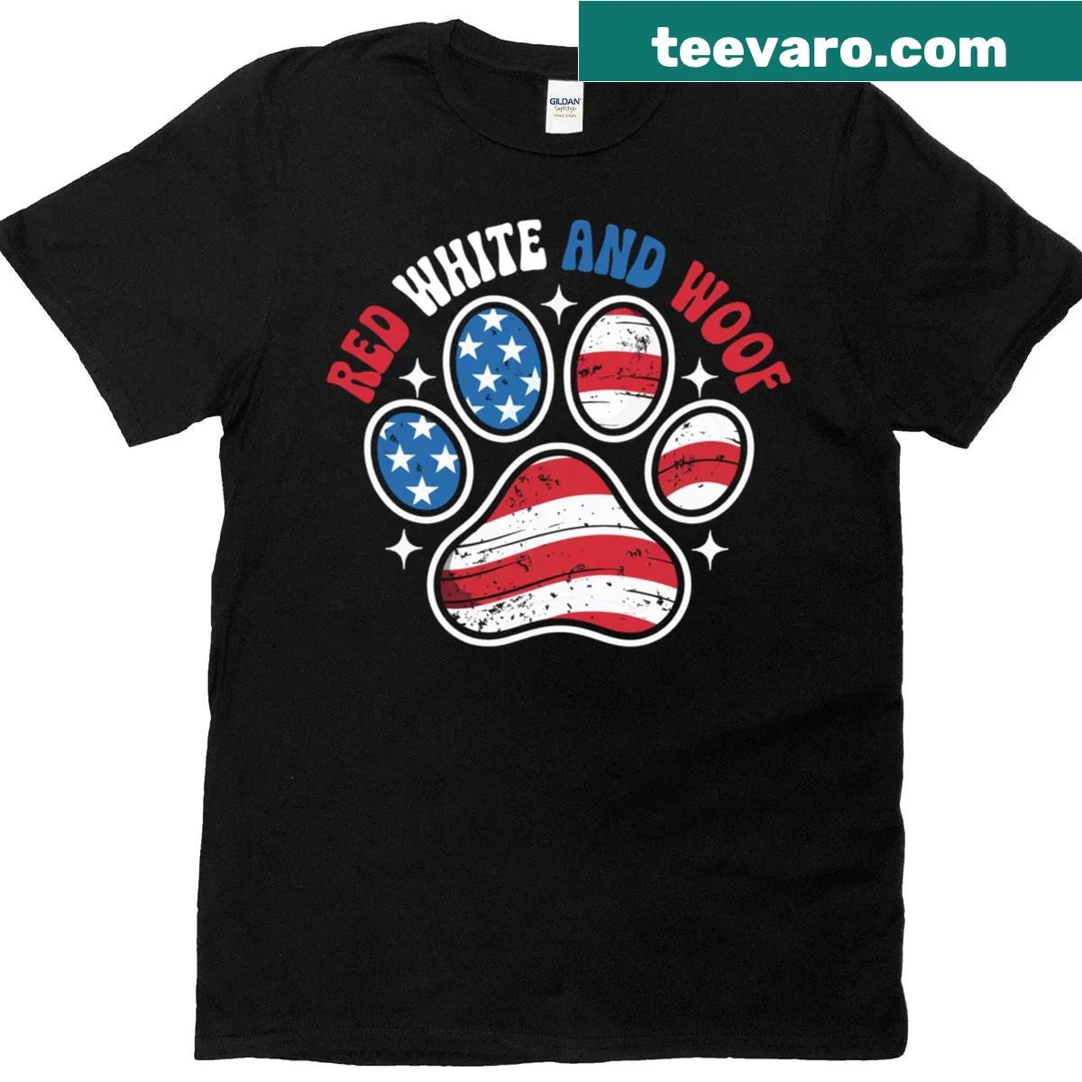 Patriotic T-shirt for dog lovers with 'Red White And Woof' text — on a men's t-shirt