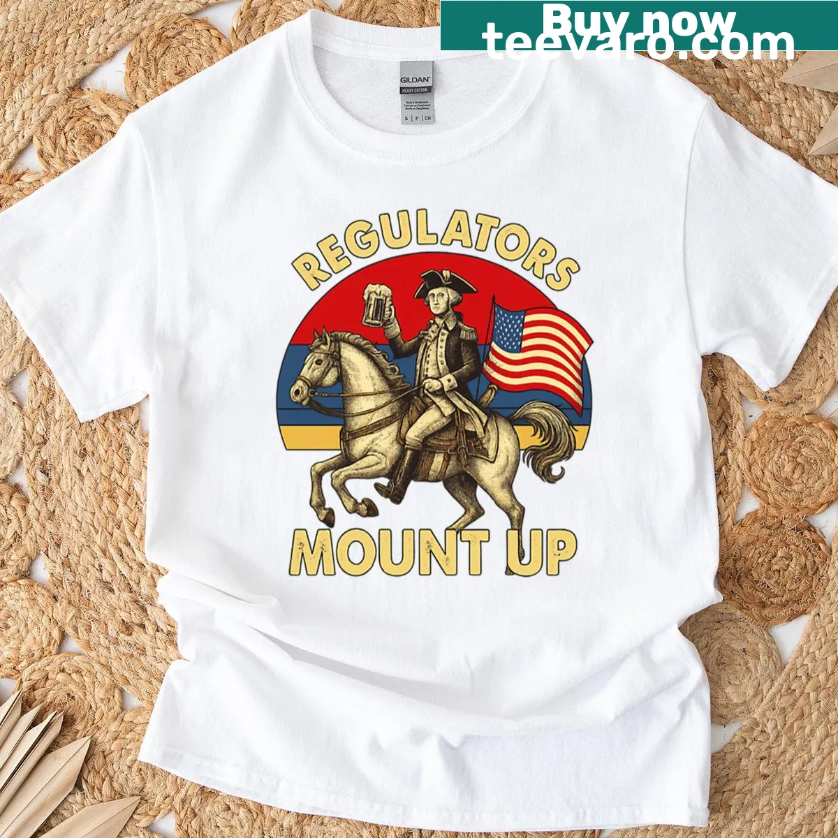 Funny t-shirt with 'Regulators Mount Up' text for the 4th of July — on a men's t-shirt