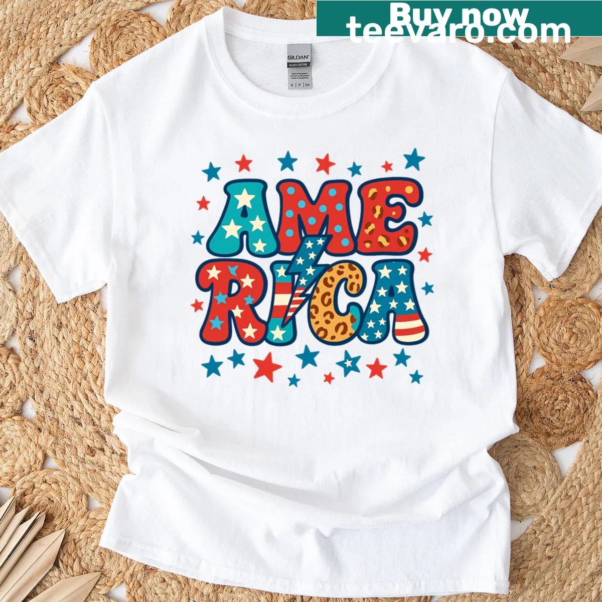 Retro patriotic t-shirt with stars, stripes, and leopard print — on a men's t-shirt