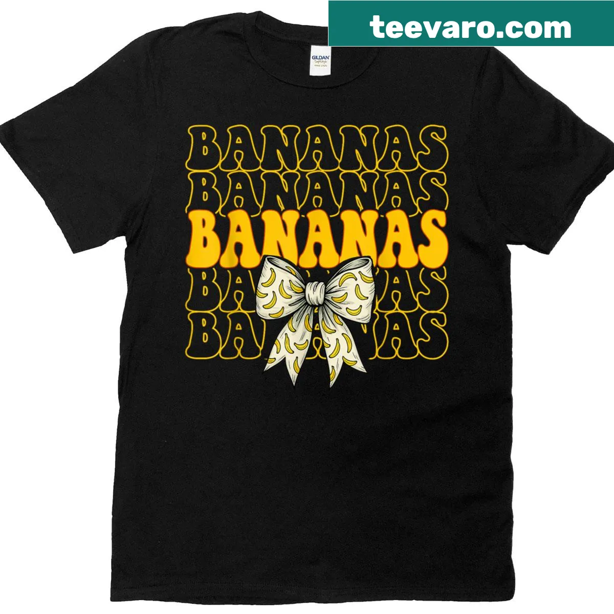 Retro banana t-shirt with a coquette bow design — on a men's t-shirt
