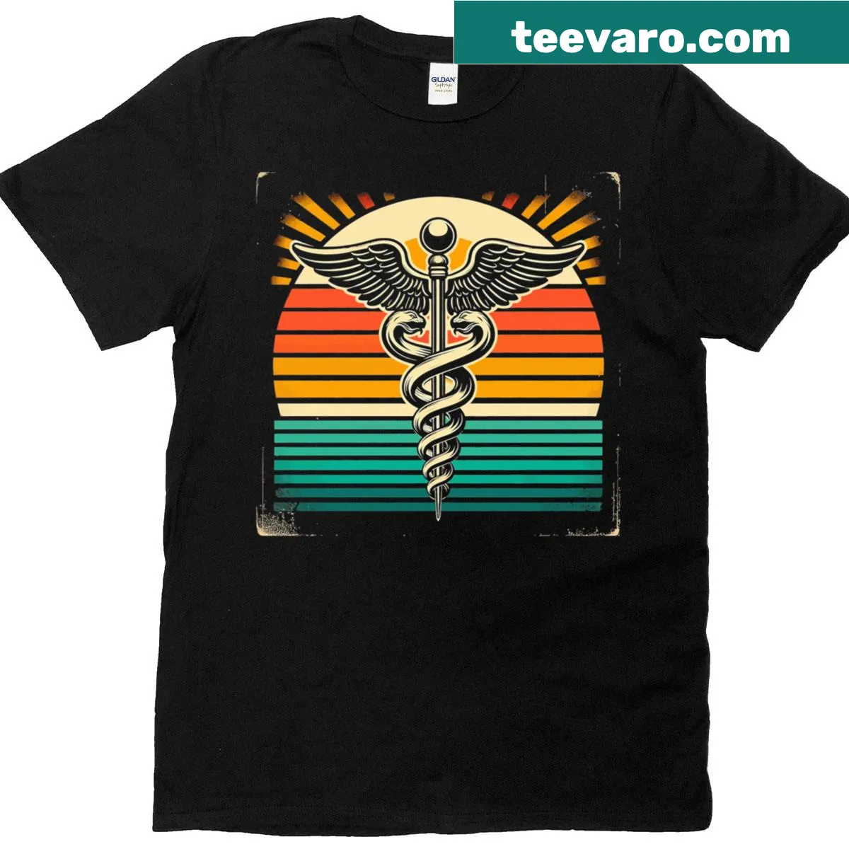 Retro caduceus graphic representing nursing on a T-shirt — on a men's t-shirt
