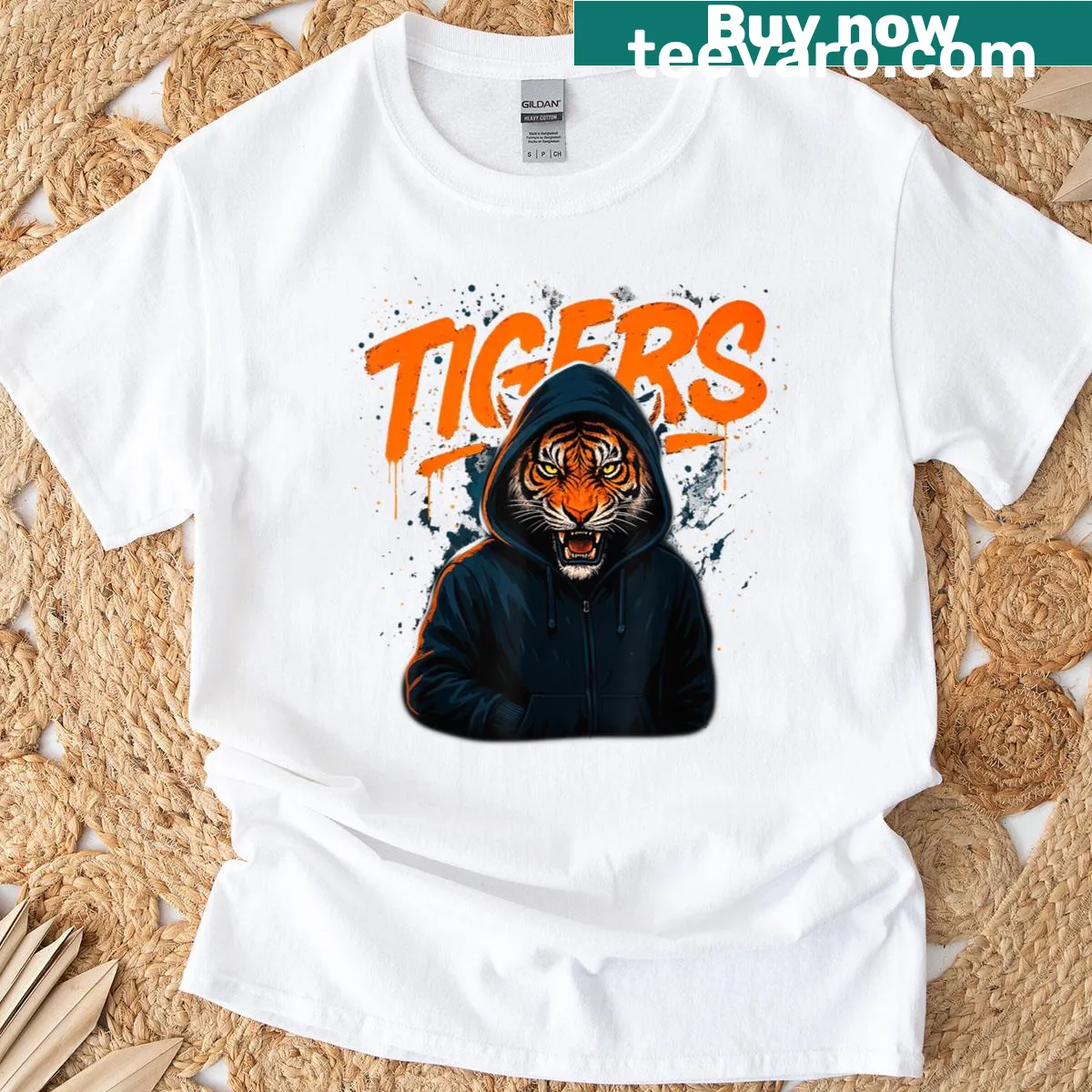 Retro T-shirt featuring a graphic of a tiger and its name — on a men's t-shirt