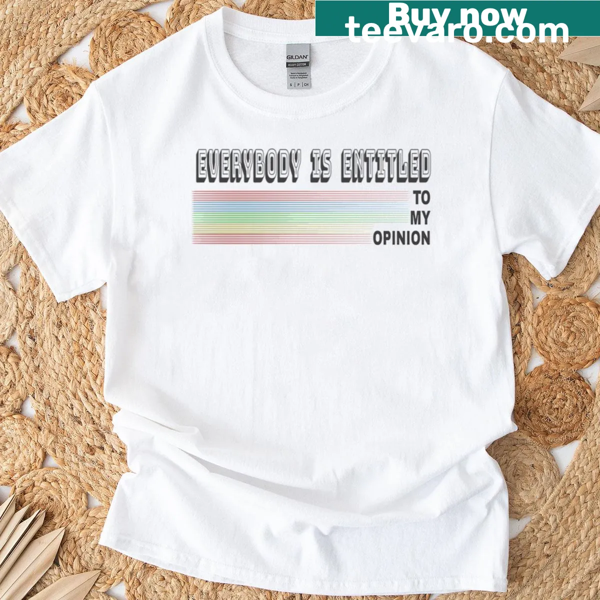 Retro logo t-shirt with the phrase about opinions in bold text — on a men's t-shirt