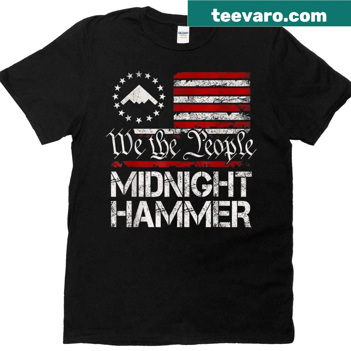 Retro B-2 Stealth Bomber design with USA flag on T-shirt — on a men's t-shirt