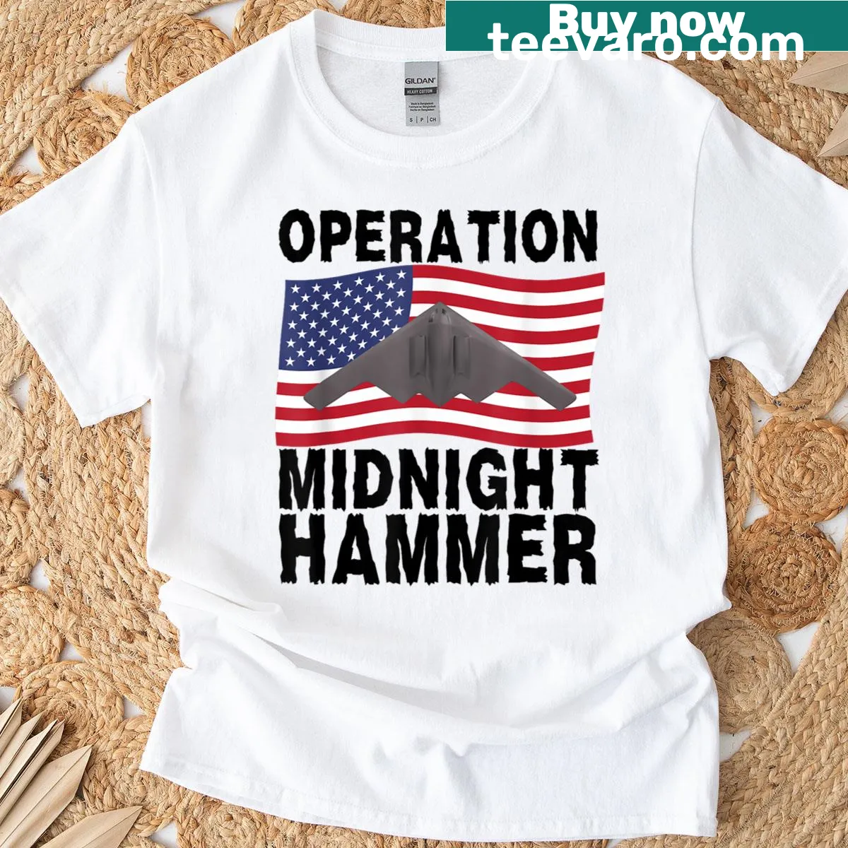 Retro t-shirt with 'Operation Midnight Hammer' and American flag design — on a men's t-shirt