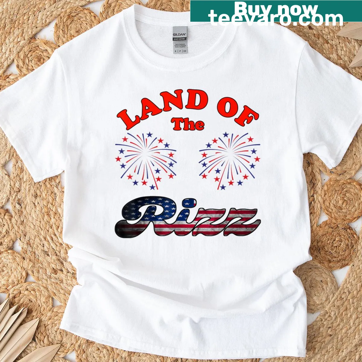 Retro patriotic t-shirt with 'Land Of The Rizz' and red, white, and blue colors — on a men's t-shirt