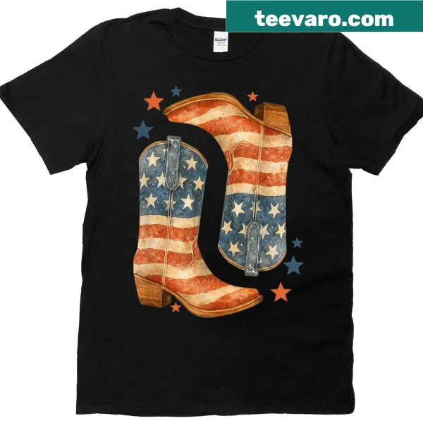 Retro cowboy boots design with American flag on T-shirt