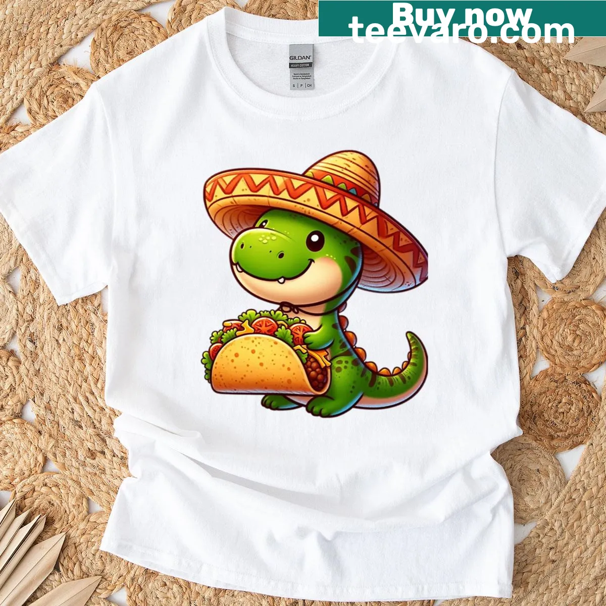 Cartoon dinosaur in sombrero with tacos on a fun t-shirt — on a men's t-shirt