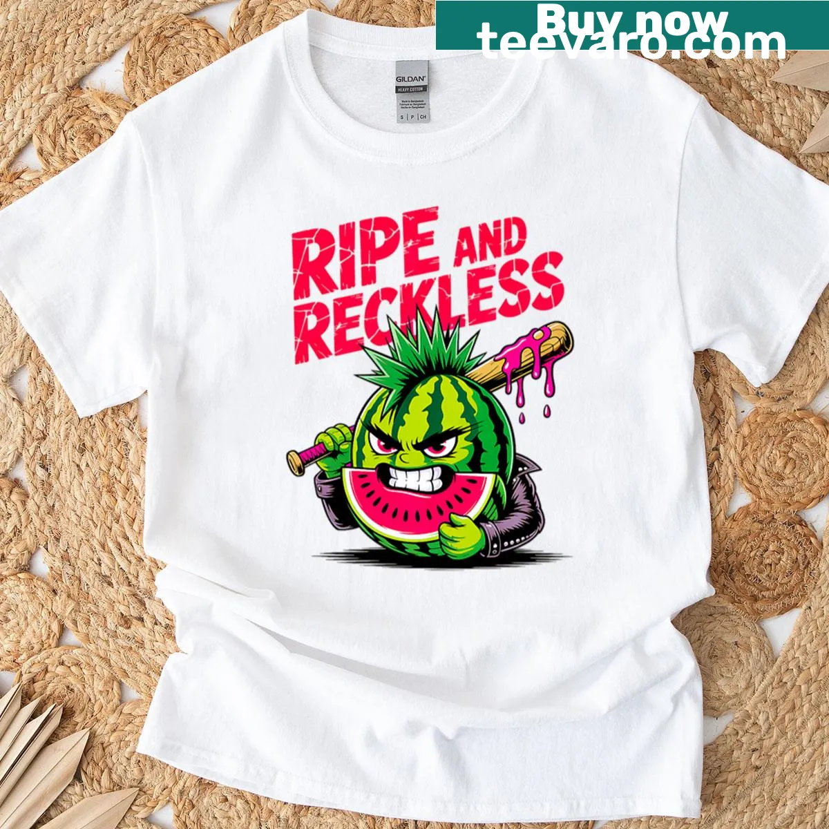 Punk rock watermelon design with playful typography — on a men's t-shirt