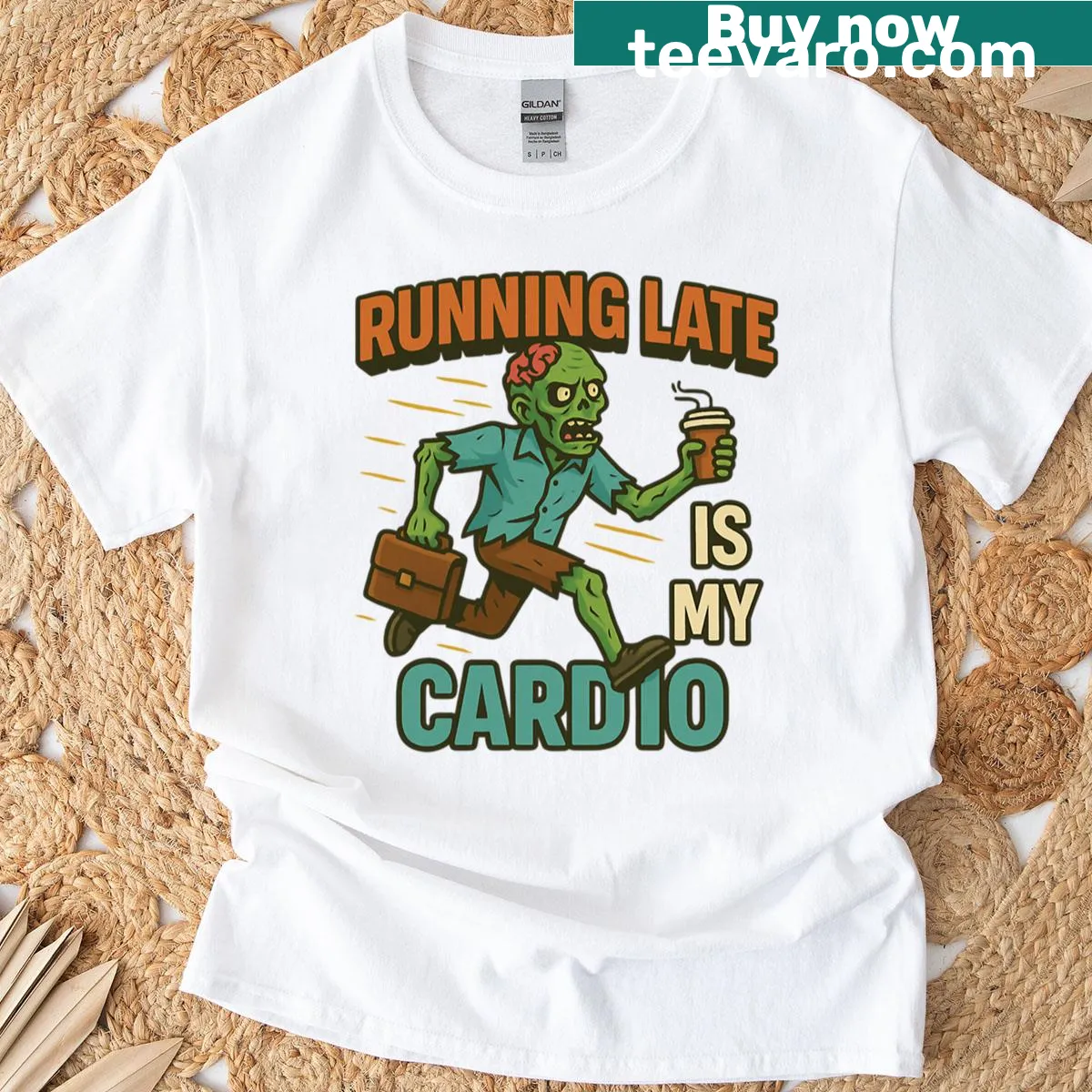 Funny t-shirt with 'Running Late Is My Cardio' slogan — on a men's t-shirt