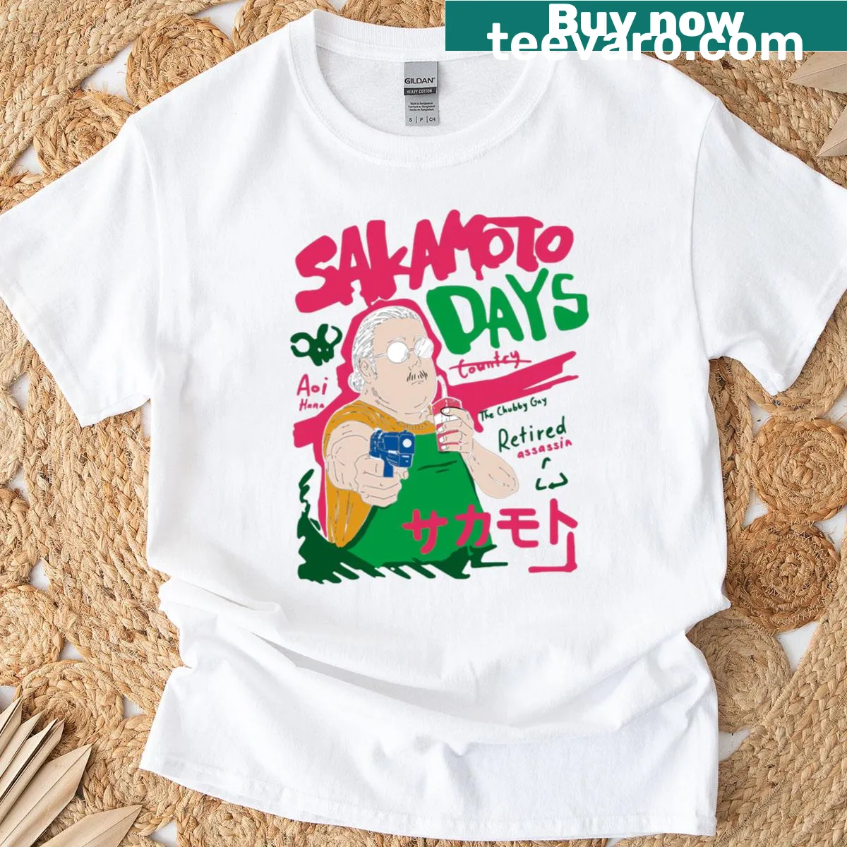 Funny Sakamoto Days t-shirt with retro style assassin design — on a men's t-shirt