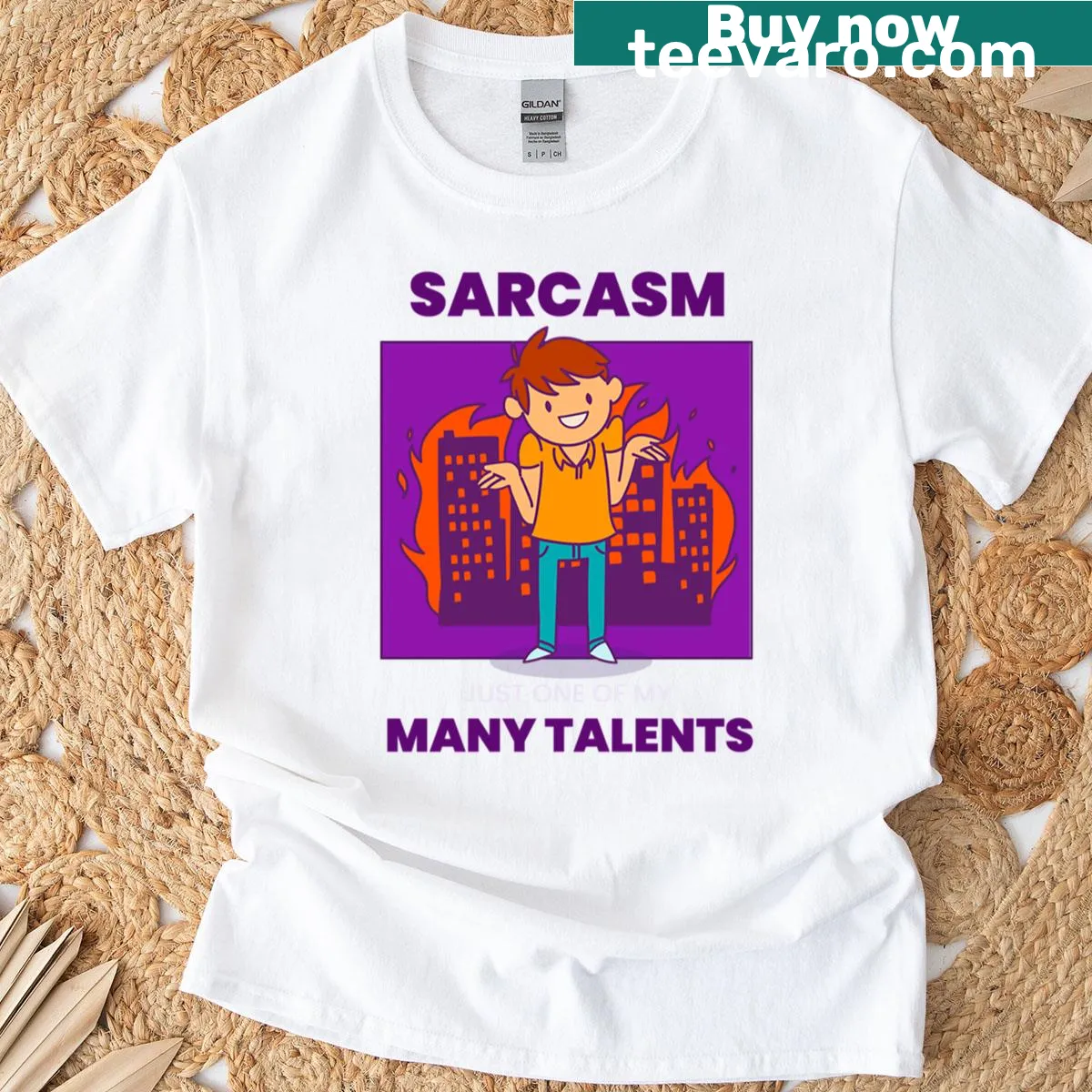 Oversized t-shirt with the phrase 'Sarcasm Just One Of My Many Talents' — on a men's t-shirt