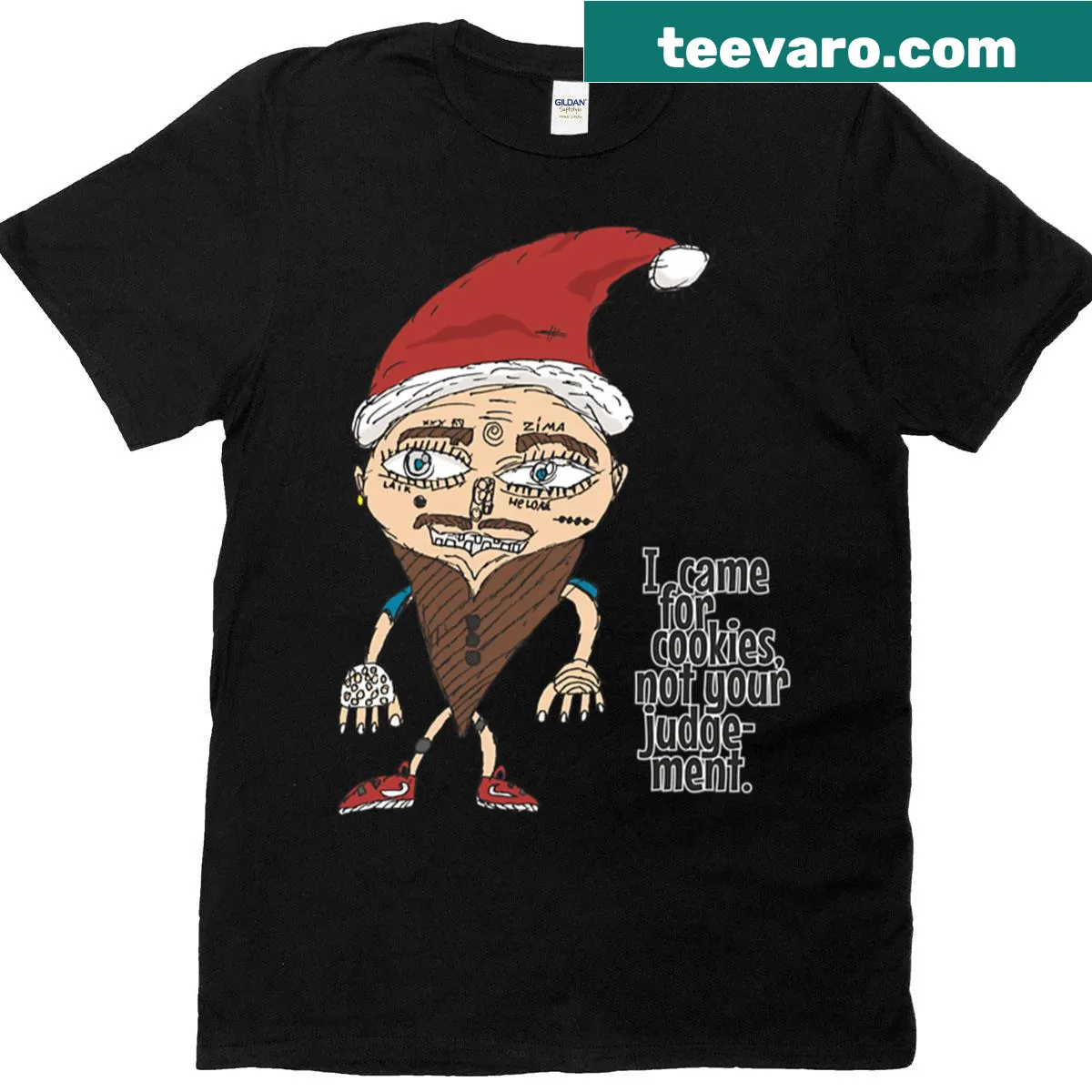 Christmas elf graphic with the phrase 'I Came For Cookies Not Your Judgement' — on a men's t-shirt