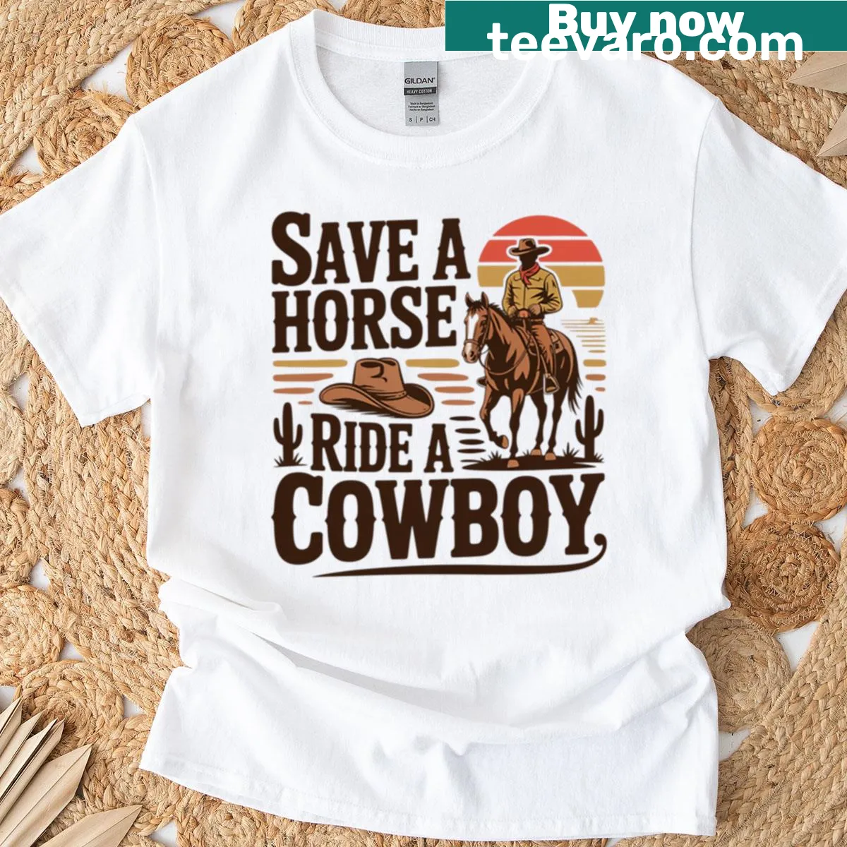 T-shirt featuring the phrase 'Save A Horse Ride A Cowboy' in playful typography. — on a men's t-shirt