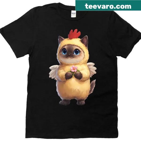 T-shirt featuring Siamese cat in chicken mascot costume