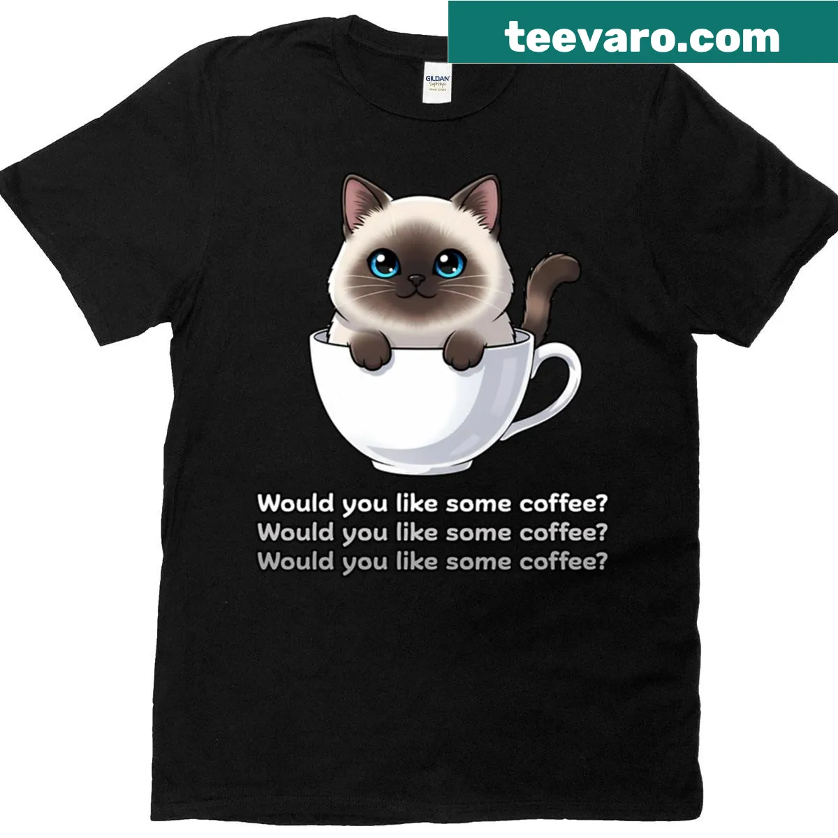 Siamese cat in coffee cup with quote about coffee — on a men's t-shirt