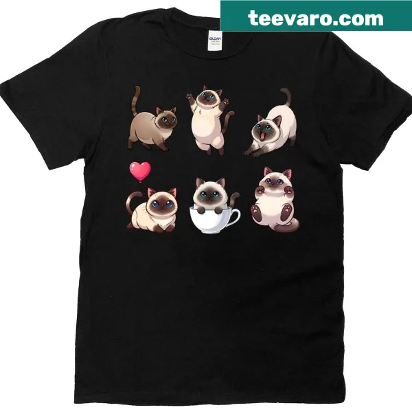 T-shirt with illustrations of Siamese cats in cute poses