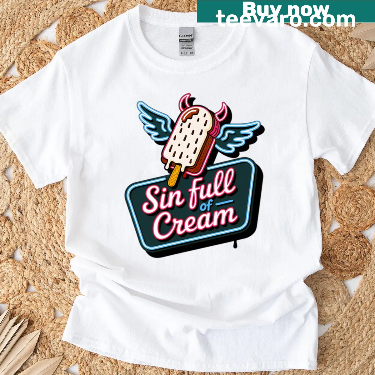 Funny ice cream design T-shirt with 'Sin Full Of Cream' text — on a men's t-shirt
