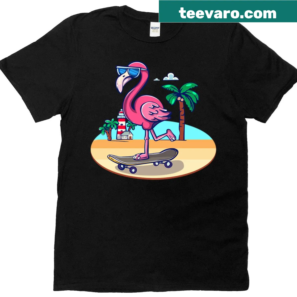 Oversized tee featuring a flamingo skateboarding on a beach — on a men's t-shirt