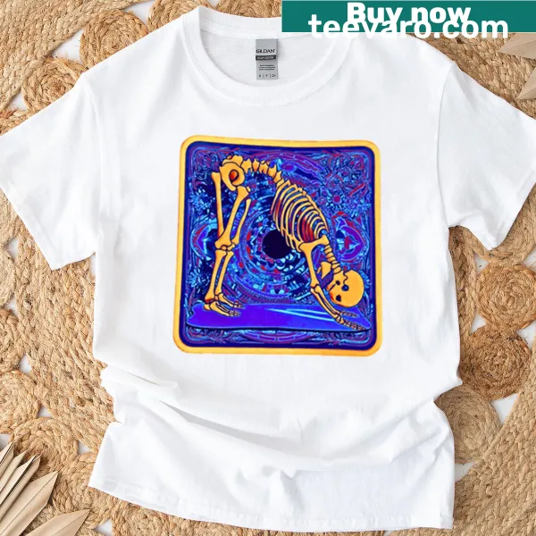 Cartoon skeleton practicing yoga in a playful design
