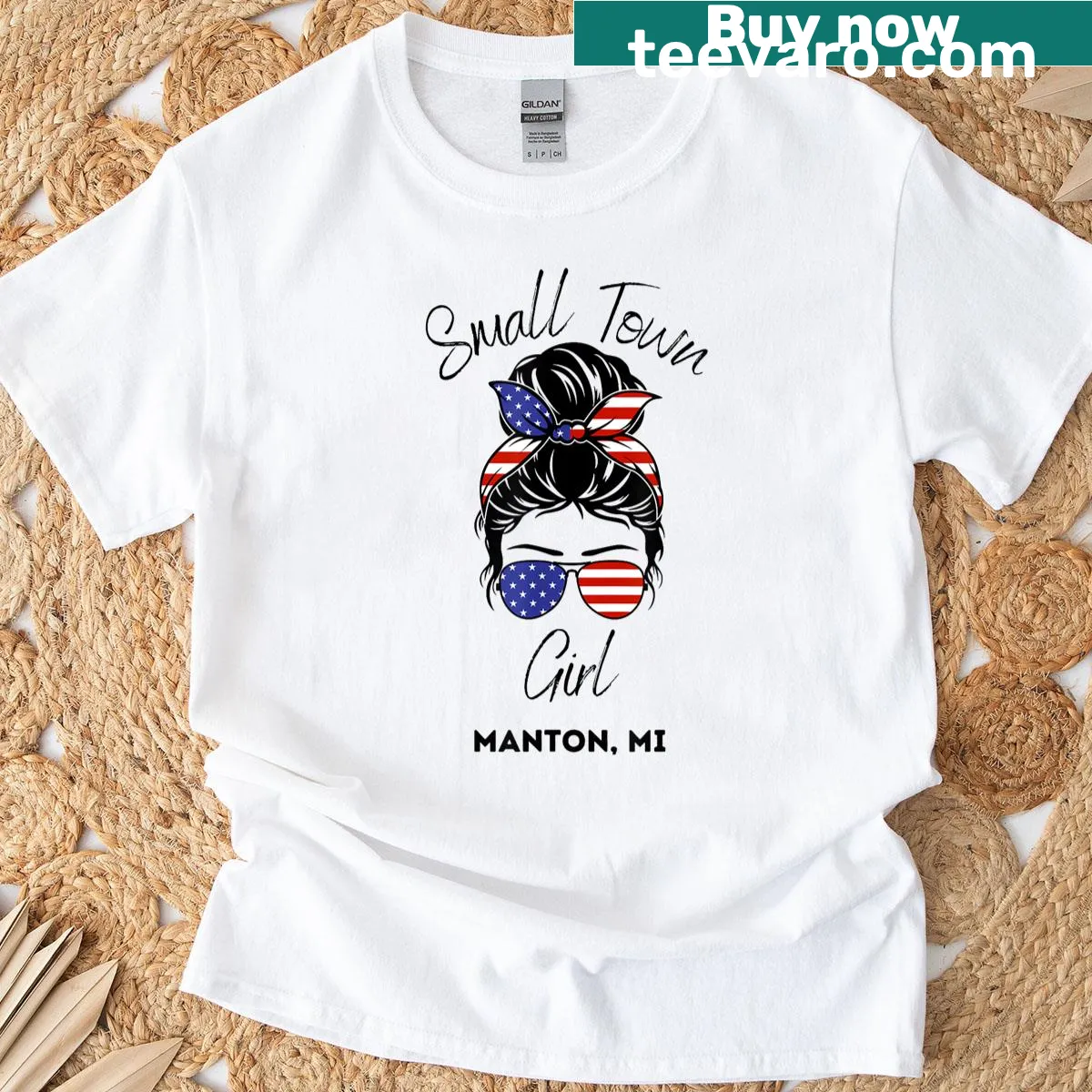 Patriotic t-shirt celebrating Manton, Michigan — on a men's t-shirt