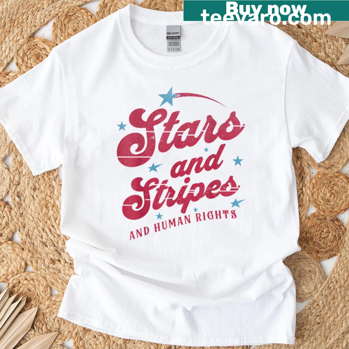 Funny political t-shirt with 'Stars Stripes And Human Rights' text — on a men's t-shirt