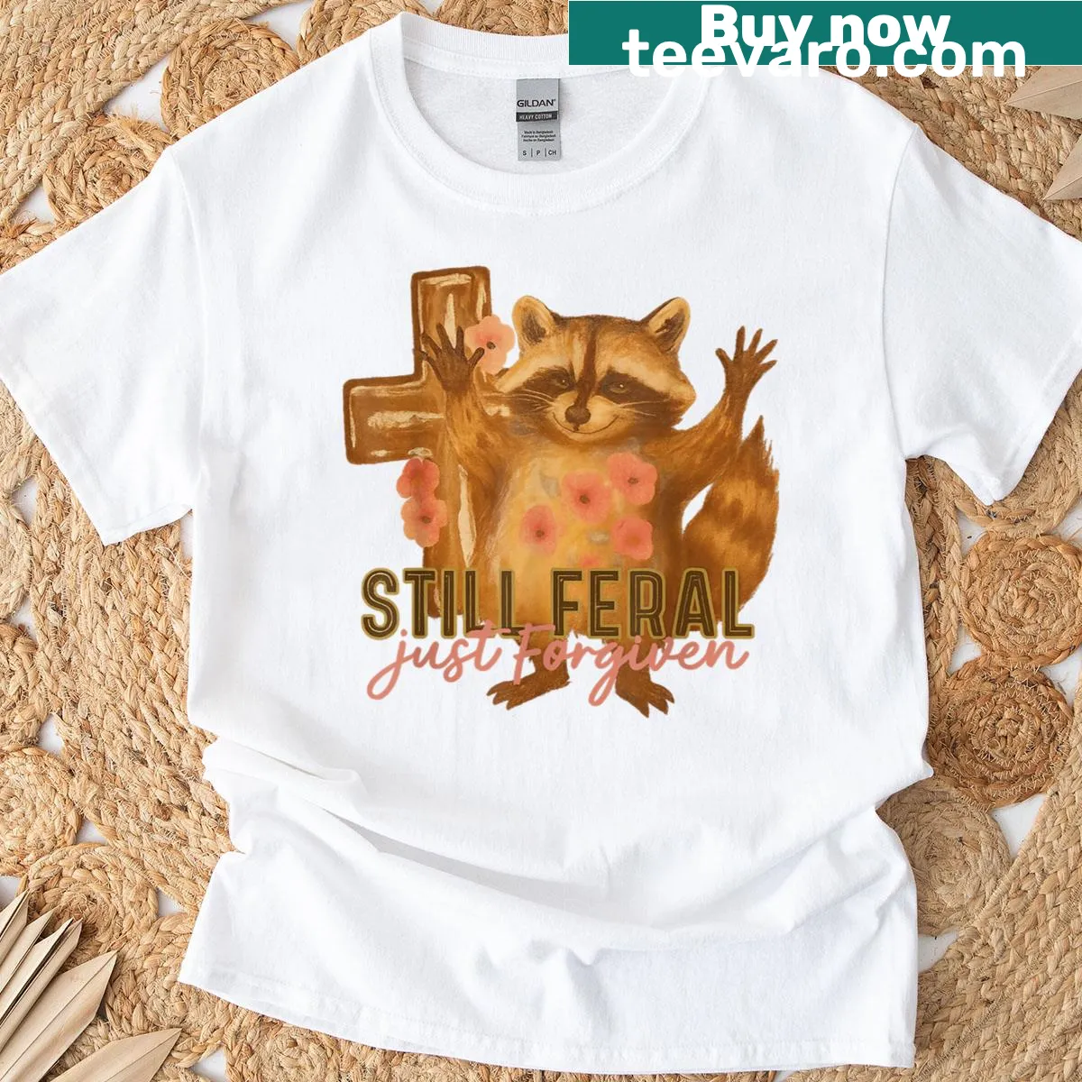 Funny Christian raccoon T-shirt with playful text — on a men's t-shirt