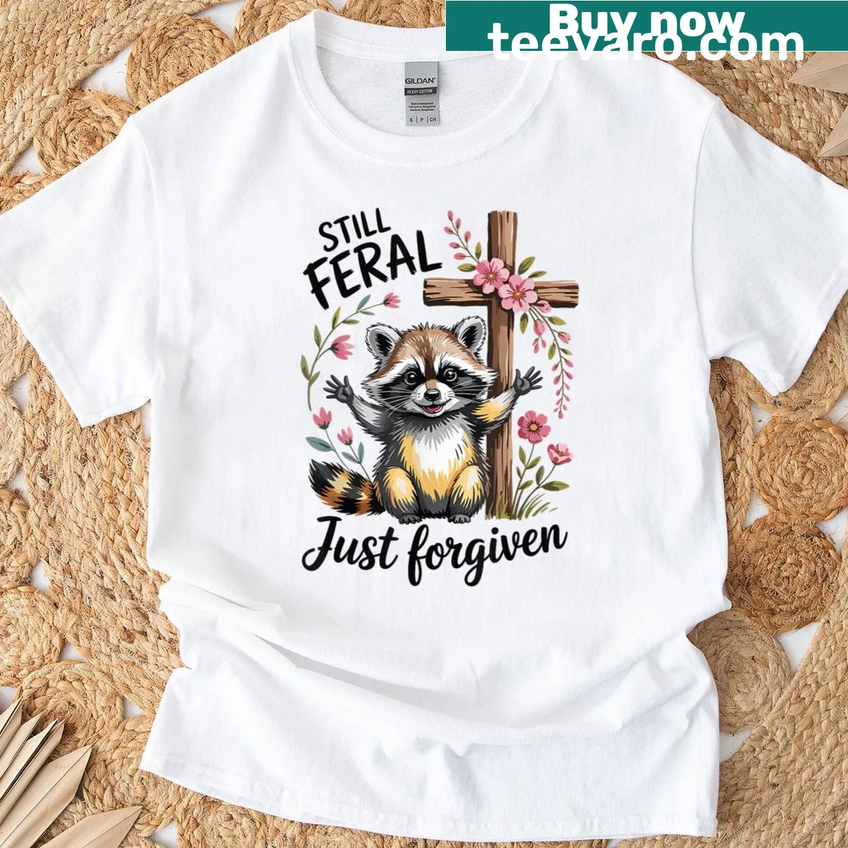 Funny raccoon T-shirt with Christian message about forgiveness — on a men's t-shirt
