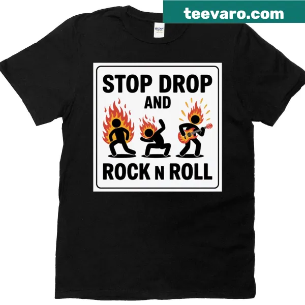 Oversized T-shirt with the phrase 'Stop Drop And Rock N Roll' in bold typography.
