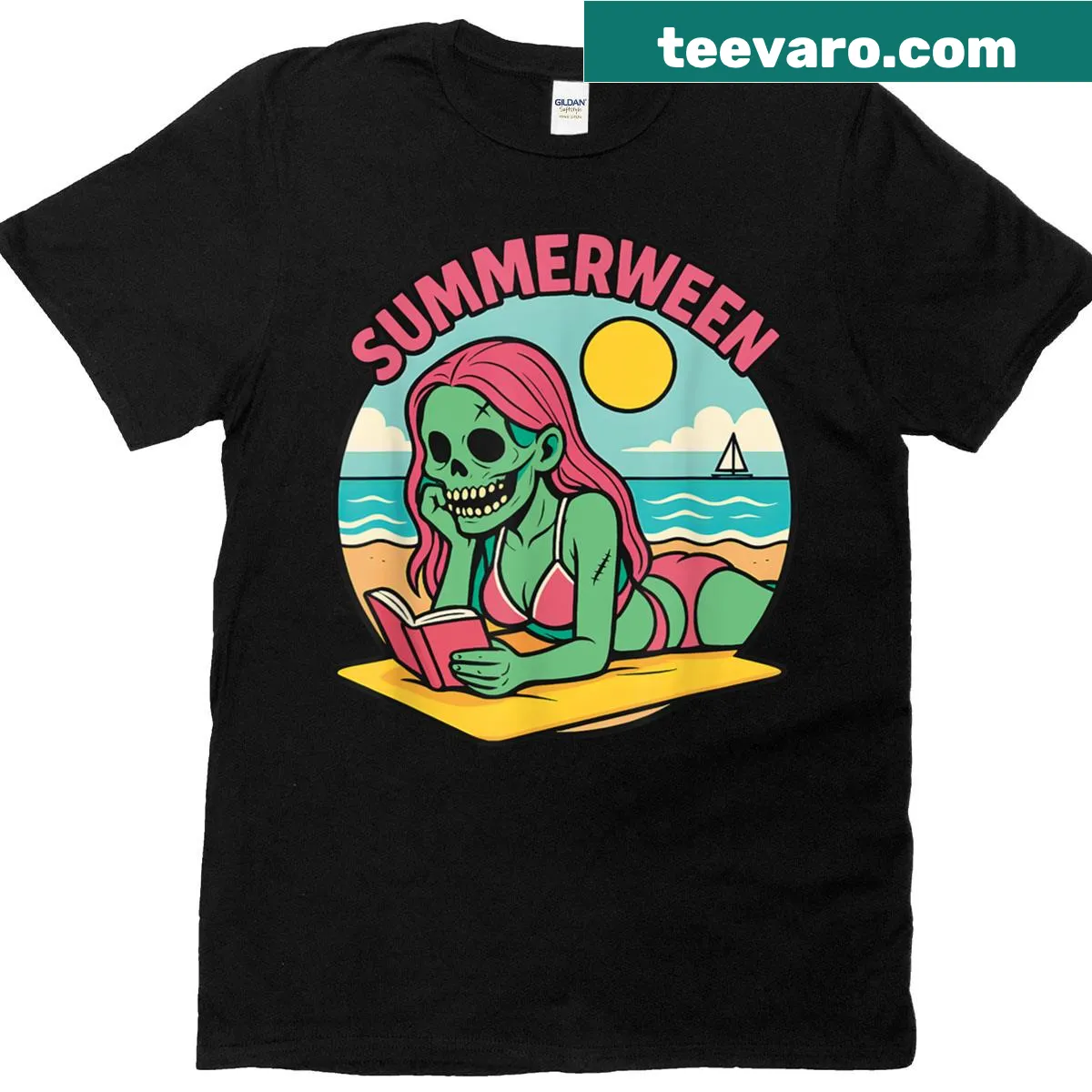 Zombie girl graphic t-shirt for Summerween — on a men's t-shirt