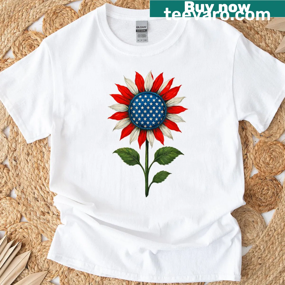 T-shirt featuring sunflower and American flag design for July 4th — on a men's t-shirt