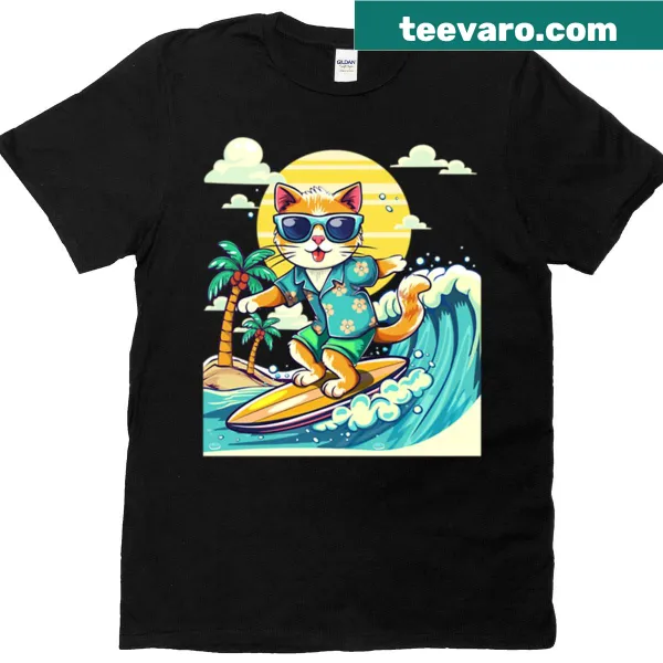 Oversized t-shirt with a cartoon cat surfing in a Hawaiian setting